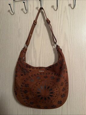 Desigual Brown Suede-Effect Shoulder Bag with Decorative Print